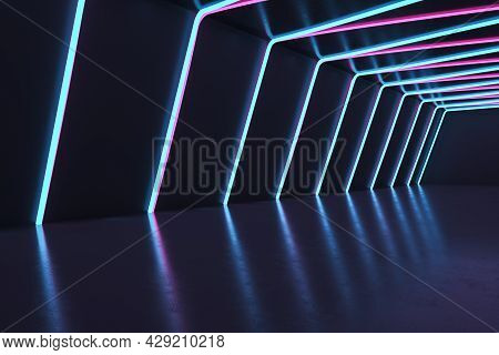 Dark Futuristic Interior Room With Neon Lights. Design Concept. 3d Rendering