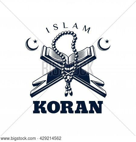 Koran Or Quran Book Icon, Islamic Culture And Muslim Religion Vector Icon. Islam Mosque And Cultural