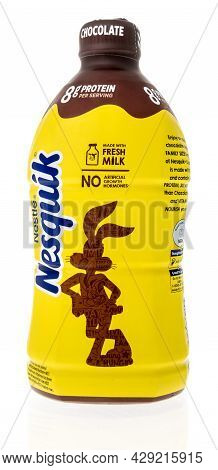 Winneconne, Wi -30 July 2021:  A Bottle Of Nestle Nesquick Chocolate Milk On An Isolated Background