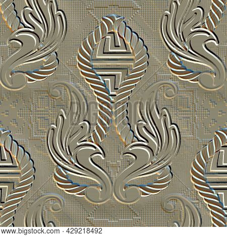 Embossed Gold 3d Floral Seamless Pattern. Emboss Background. Vector Textured Repeat Backdrop. Surfac