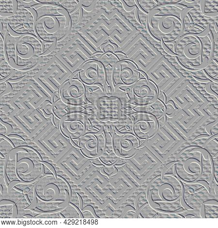 Embossed 3d Floral Seamless Pattern. Greek Emboss Background. Damask Textured Repeat Backdrop. Surfa