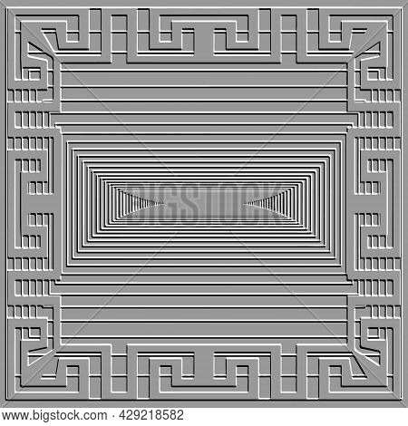 Embossed 3d Pattern. Square Frame. Greek Emboss Background. Textured Grey Backdrop. Surface Grunge R