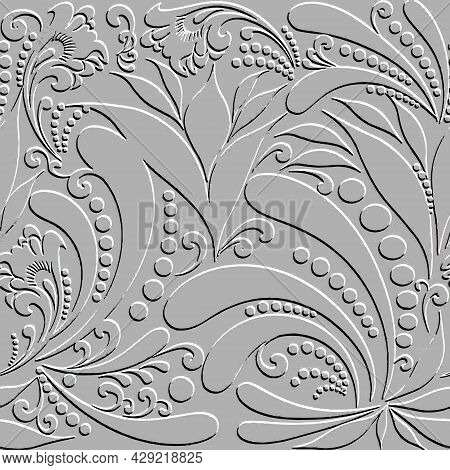 Floral Embossed Paisley 3d Seamless Pattern. Raised Textured Floral Vector Background. Emboss Ethnic