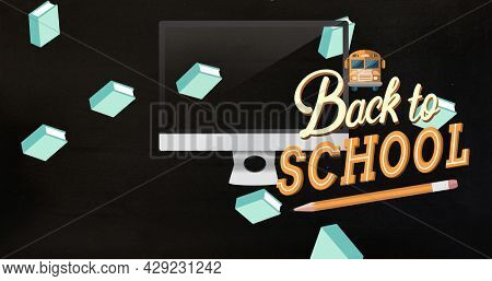 Image of back to school text over school items icons on black backgroundd. education, development and learning concept digitally generated image.