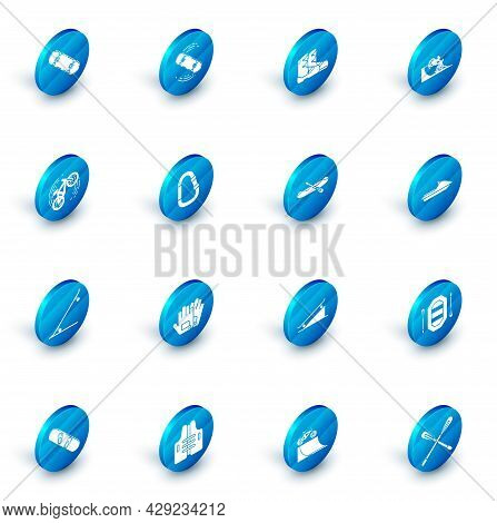 Set Skateboard Trick, Boots, Bicycle On Street Ramp, Carabiner, Jet Ski And Rafting Boat Icon. Vecto