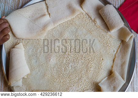 Injera, A Fermented Flatbread Made With Teff Flour. It Is The National Dish Of