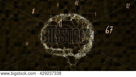 Multiple numbers floating against human brain spinning on black background. medical research and technology concept