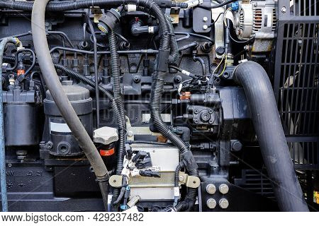 The Powerful Engine Of A Car. Internal Design Of Engine. Car Engine Part. Modern Powerful Car Engine