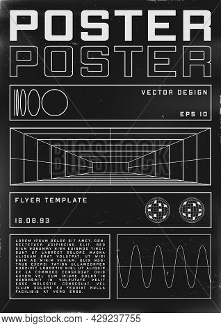 Retrofuturistic Poster Design With Perspective Grid Tunnel. Cyberpunk 80s Style Poster With Retrofut