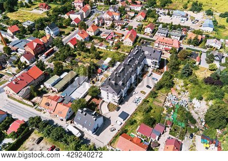 Aerial View Of Small European City With City Streets And Residential Buildings. Katy Wroclawskie Pan