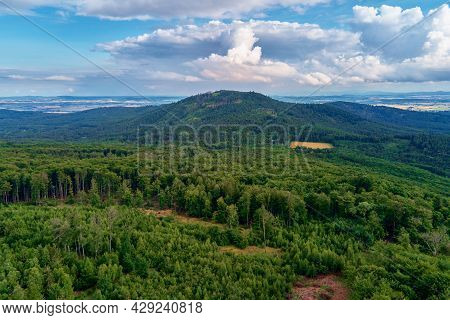 Aerial View Of Beautiful Landscape In Mountains With Forest. Sleza Mountain Near Wroclaw In Poland. 