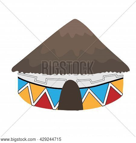 Ndebele African House With Grey Thatched Roof Isolated On White Background. Bright Colored Decorated