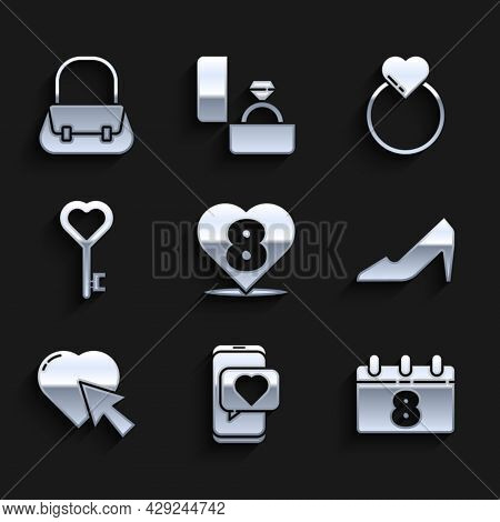 Set Heart With 8 March, Online Dating App And Chat, Calendar, Woman Shoe, Cursor Click, Key Heart Sh