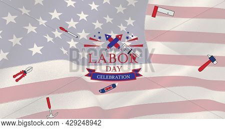 Image of labor day celebration text over tools and american flag. patriotism and celebration concept digitally generated image.