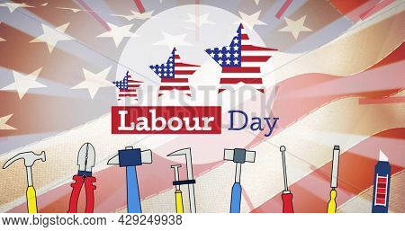 Image of labor day text, with stars and stripe stars and tools, over american flag, on blue. patriotism, independence and celebration concept digitally generated image.