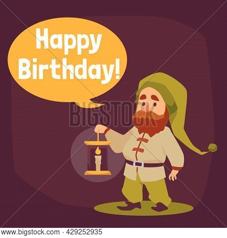 Vector Greeting Birthday Card With Cute Tale Cartoon Gnome Holding Lantern.