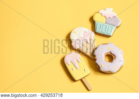 Beautiful Gingerbread Cookies For A Children's Party In The Form Of Sweets, Flat Lay.