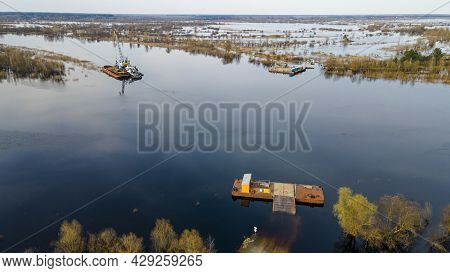 Ancient, Manual Crossing Over The River. The Car Is Transported Across The River In A River Ferry. T