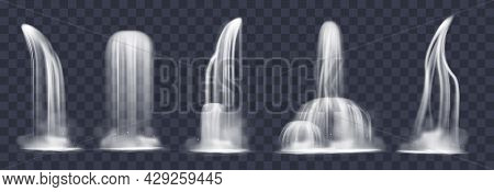 Realistic Cascade Waterfall. 3d Liquid Flowing Down Jets, Water Drop Fog, Mountain Rivers Streams An