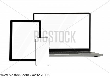 Laptops, Tablets And Mobile Phones. Mock Up Image Of Electronic Gadgets Isolated On White Background