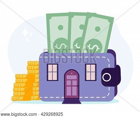 Household Expenses Wallet With Money Coins House Rental Buy Real Estate And Pay Credit To Bank Mortg
