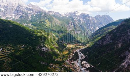 Scenic Paradisiac Landscape View Of Albanian Alps Mountains. Traveling, Exploring, Holiday Concept