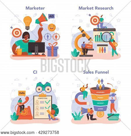 Marketer Set. Brand Or Product Advertising And Promotion. Specialist Developing