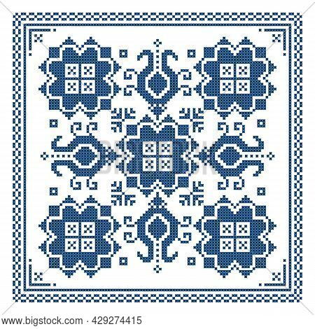 Zmijanje Retro Embroidery Style Vector Design In Square Wtih Flowers  - Traditional Folk Art Design 