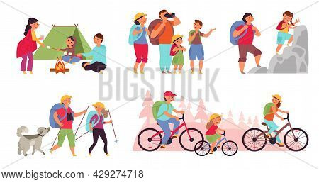 Family Nature Adventures. Happy Trekking, Cartoon Tourist Hiking. People In Camping, Active Fun Life