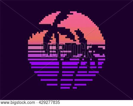 Pixel Art Palm Trees At Sunset In 80s Style. 8-bit Sun Synthwave And Retrowave. Retro 8-bit Video Ga