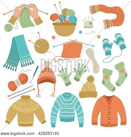 Knitted Wool Clothes. Hands Craft Hobby Fashion Cold Weather Clothes Cardigans Scarf Sweater Fabric 