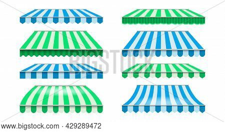 Shops Striped Canopy. Restaurants Shade Roof And Windows Awnings, Summer Shopping Markets Tents, Vec