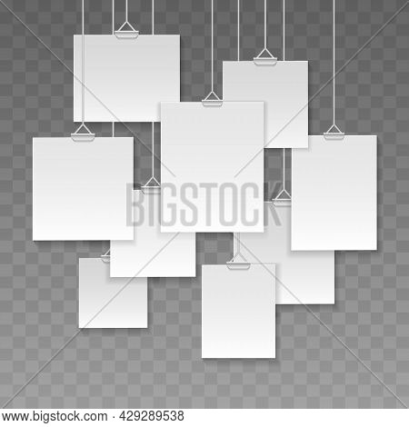 Gallery Hanging Cards. Photo Galleries Picture Strings Frames, White Posters Board Mockup Signs, Pap