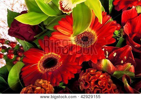 složení růže, gerbera, orchidej a Anturie