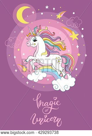 Cartoon Cosmic Unicorn With Stars Vector Poster Puple