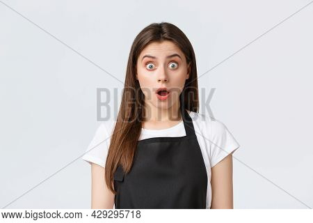 Employees, Job Employment, Small Business And Coffee Shop Concept. Shocked Female Barista, Waitress 