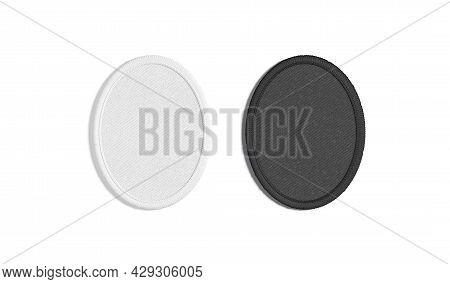 Blank Black And White Round Embroidered Patch Mockup, Top View, 3d Rendering. Empty Stitched Sign Fo