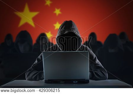 Many Chinese Hackers In Troll Farm. Privacy And Security Concept.