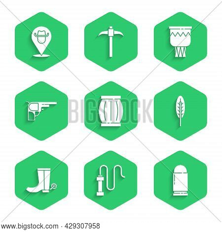 Set Gun Powder Barrel, Leather Whip, Bullet, Indian Feather, Cowboy Boot, Revolver Gun, Drum And Loc