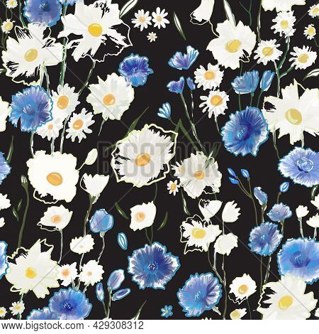 Simple Cute Pattern With Small Blue And White Flowers. Millefleurs. Liberty Style. Drawn Floral Seam