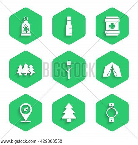 Set Marshmallow On Stick, Forest, Smartwatch, Tourist Tent, Compass, First Aid Kit And Camping Lante