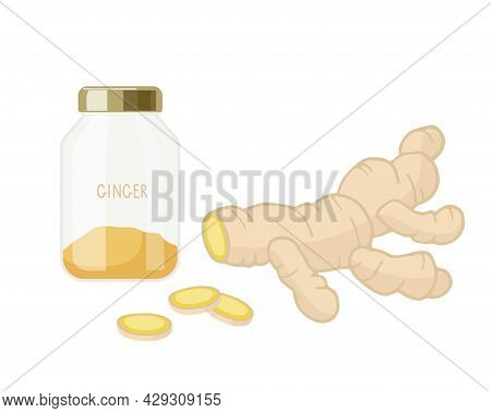 Dry Ginger Powder In Glass Can And Fresh Sliced Ginger. Fragrant Organic Product Flat. Medicinal Her