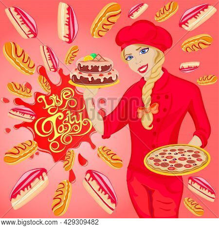 A Splash Of All Kinds Of Culinary Products And Flavors Prepared By The Chef, Vector Illustration Wit