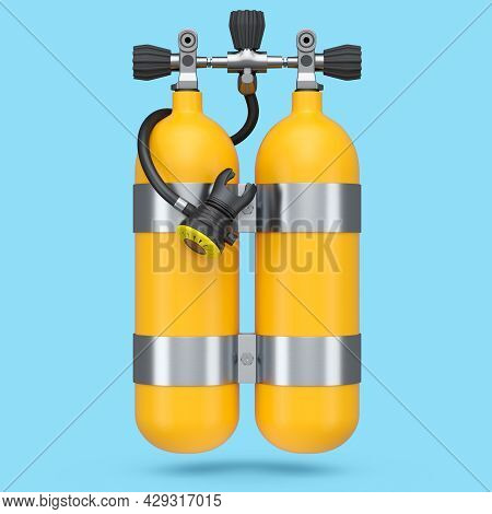 Orange Diving Tanks Or Balloons Full Oxygen For Snorkeling Isolated On A Blue Background. 3d Render 