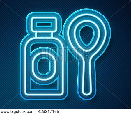Glowing Neon Line Soap Bubbles Bottle Icon Isolated On Blue Background. Blowing Bubbles Soap Wand Bo