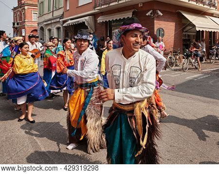 The Folk Dance Ensemble Cuniburo Cultural From Ecuador Performs Traditional Dance In The Town Street