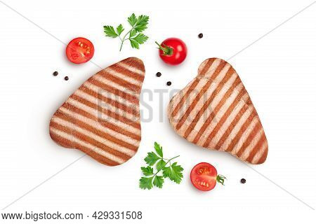 Tuna Fish Steak Grilled Isolated On White Background With Clipping Path And Full Depth Of Field, Top