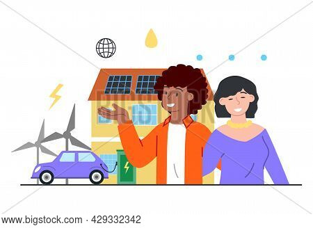 Mixed Racial Couple Park Electric Car Charging At Home Wall Box Charger Station On House. Renewable 