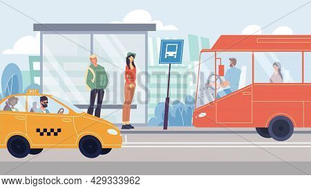 Vector Flat Cartoon Characters In City Life Scene.various People In Road Location-they Stand At Bus 