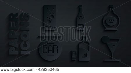 Set Vodka With Pepper And Glass, Bottle Of Cognac Or Brandy, Street Signboard Bar, Martini, Champagn